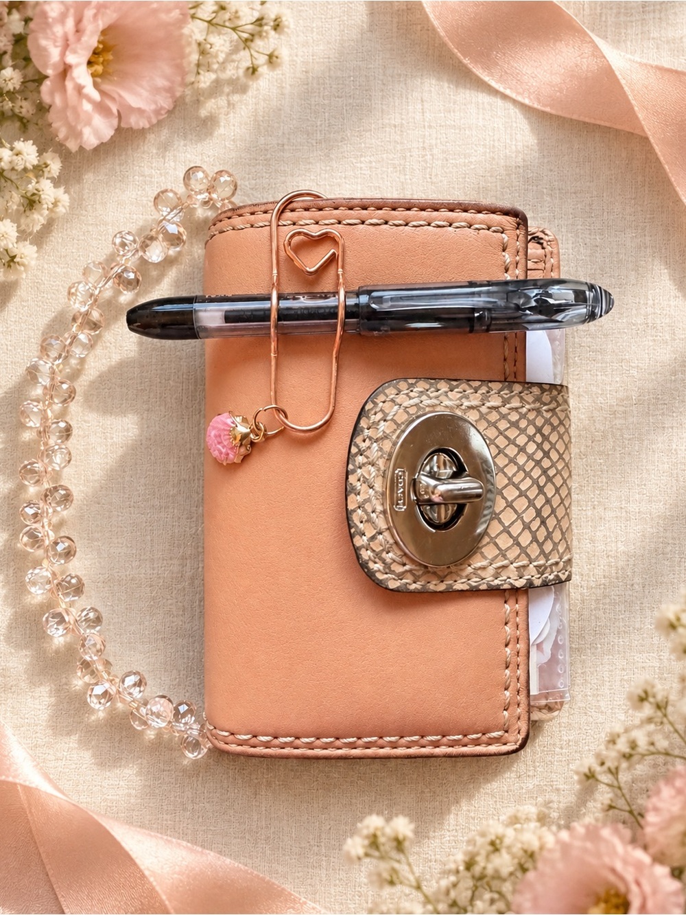Coach Peach Leather Card Case with Snake-Print Turnlock